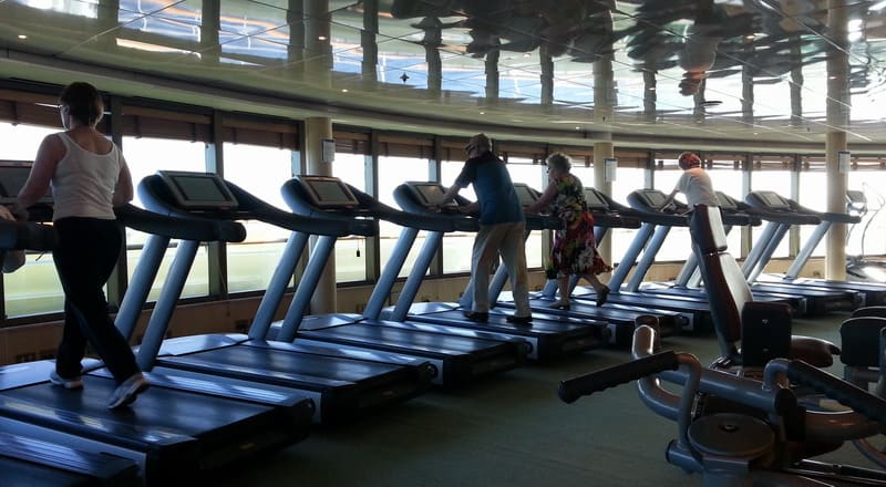 A bit of exercise in the cruise ship's gym - and a great view out to sea