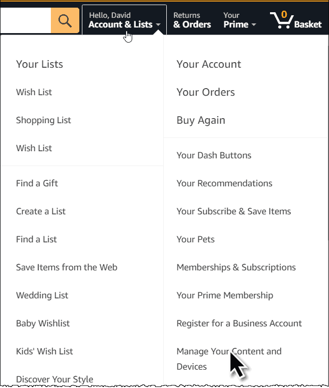 Click 'Accounts and Lists', then 'Manage Your Content and Devices'